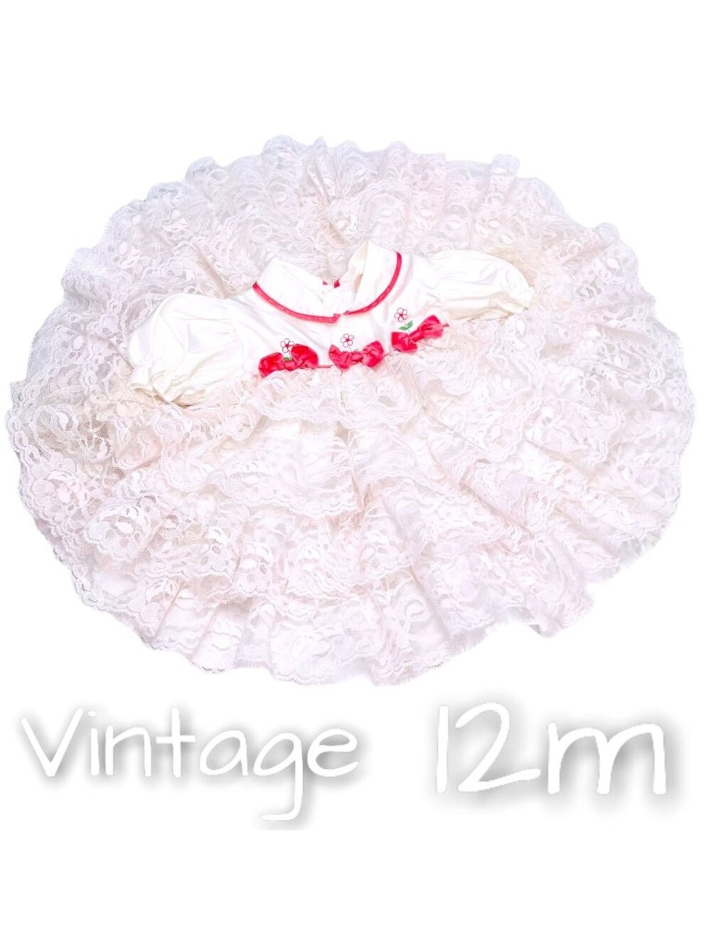 Vintage Baby Girl Flower Embroidered Lace Full Circle Frill Dress 12m